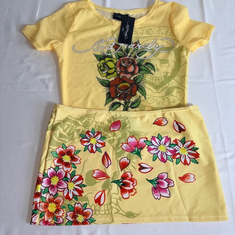 Ed Hardy Mesh Swim Cover Up Set L Yellow NEW Tattoo Rose Skull Skirt Crop Top